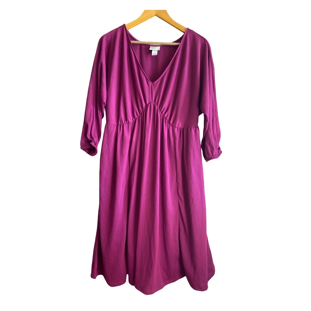Ava & Viv Womens XXL Magenta‎ Pink V-Neck Empire Waist 3/4 Sleeve Textured Dress